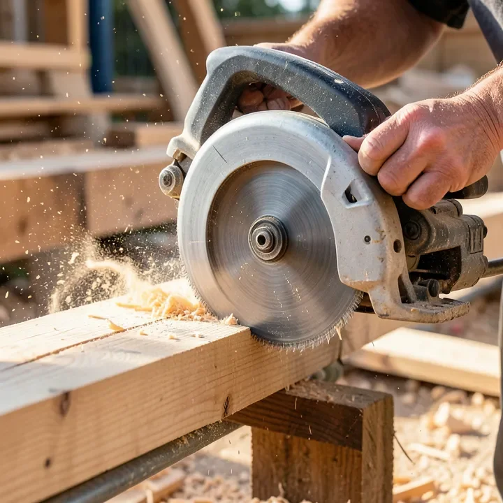 A worm drive circular saw cutting through a thick beam, the style of saw Skilsaw is best known for