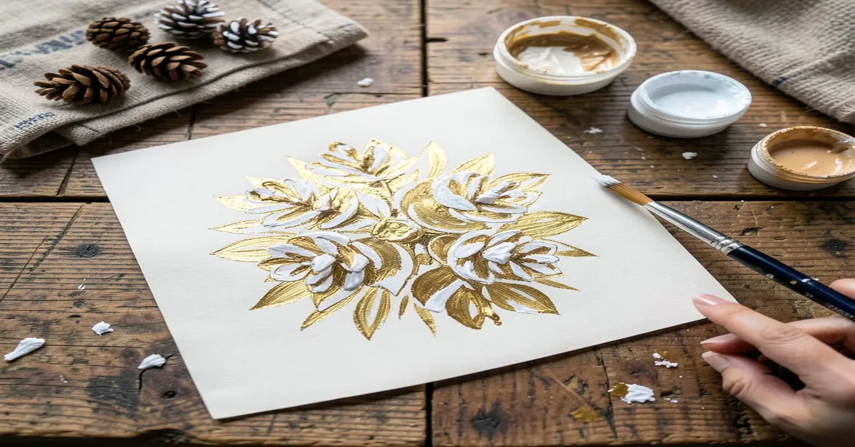 Hand painting pine cones with acrylic paint on a craft table