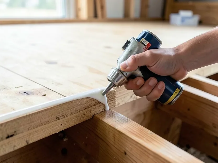 Applying subfloor construction adhesive with a caulking gun along a panel seam before fastening