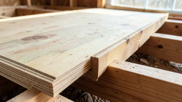 Engineered wood subfloor panel installed on floor joists next to a plywood sheet edge, comparing AdvanTech subfloor and plywood subfloor panels
