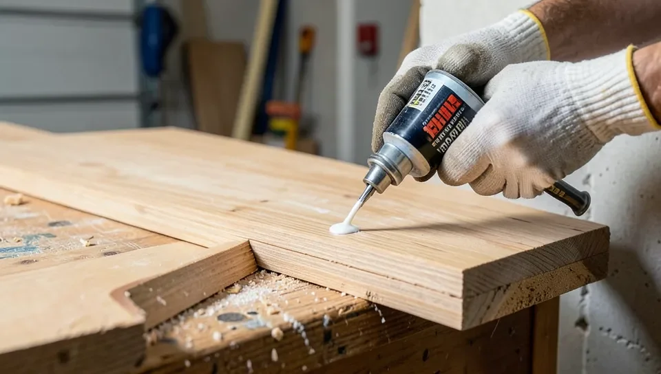 Applying construction adhesive to the back of a flooring plank before mounting it on a wall