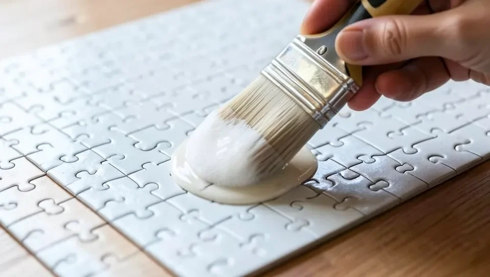 Foam brush applying glue sealer to a completed jigsaw puzzle