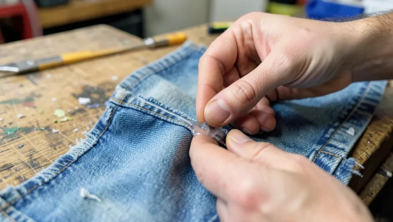 Applying a thin line of clear glue along a torn denim fabric edge