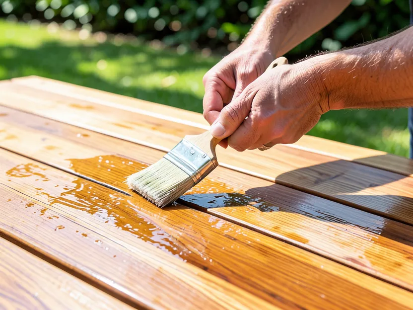 Applying clear water repellent wood sealant to a cedar deck board with a paintbrush