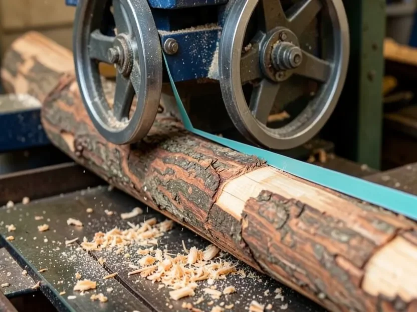 Bandsaw mill blade loop cutting lengthwise through a log on a portable sawmill