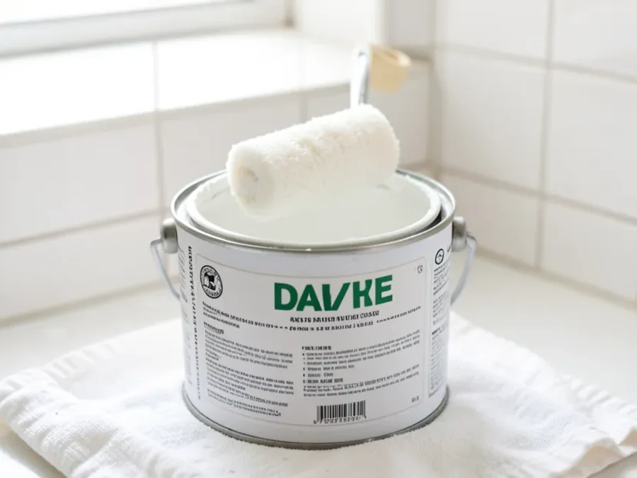 Can of interior bathroom paint with a roller resting on the rim