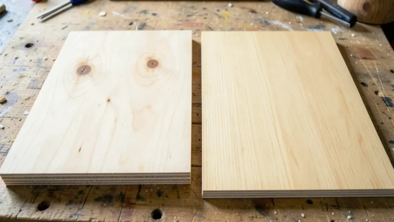 BC plywood face with visible knots next to a smooth pale Sande plywood face