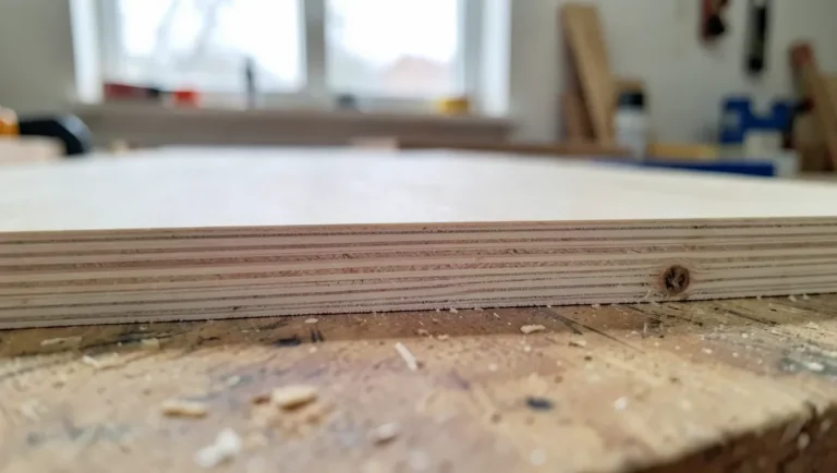 Close-up of a plywood sheet edge showing laminated veneer layers, comparing a smooth A-grade face to a C-grade face with a small knot