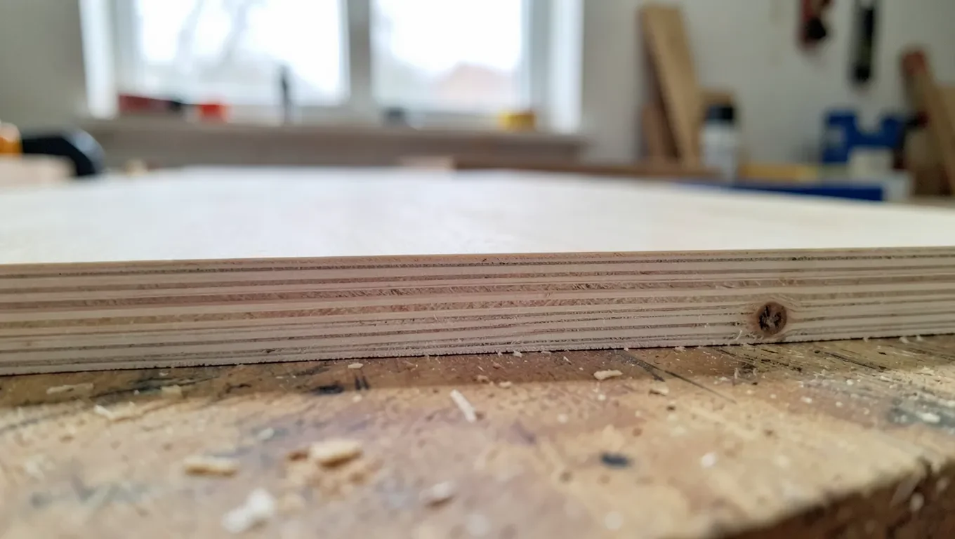 Close-up of a plywood sheet edge showing laminated veneer layers, comparing a smooth A-grade face to a C-grade face with a small knot