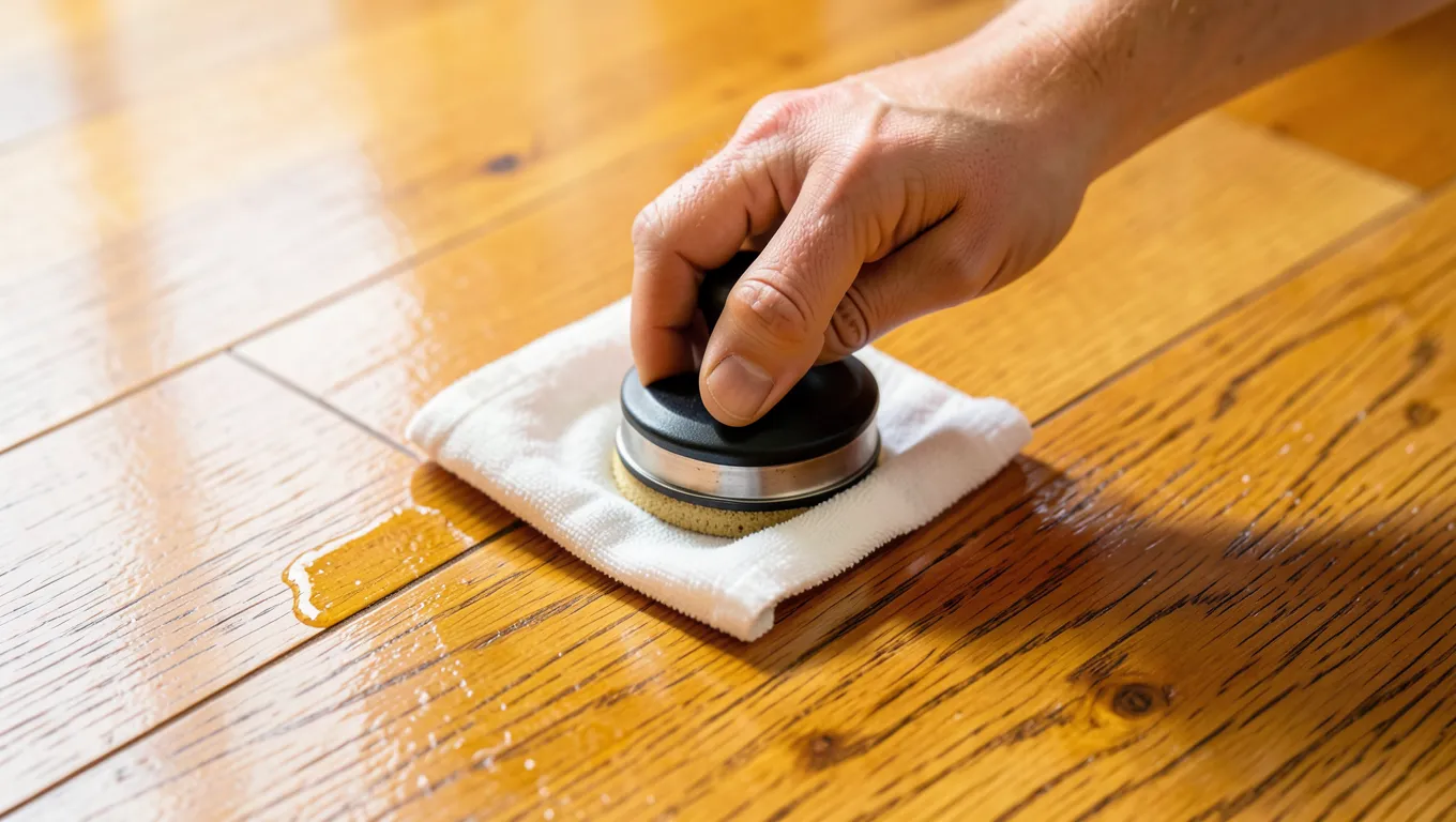 Buffing beeswax into a hardwood floor with a soft cloth