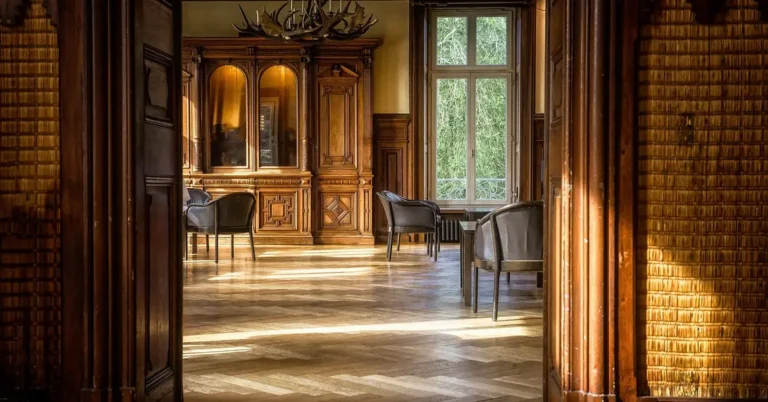 Sunlit parquet hardwood floor with a waxed finish in a wood-paneled room