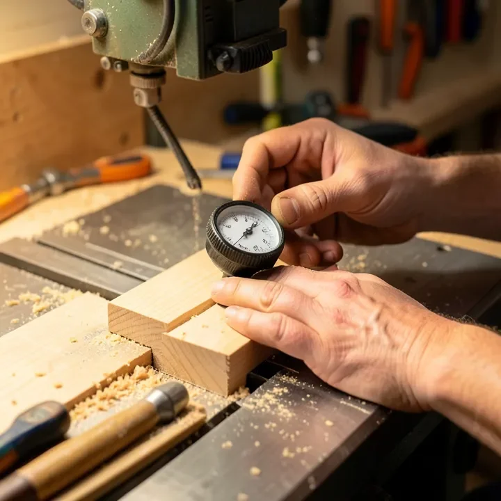 Checking table saw fence parallelism with a dial indicator gauge in the miter slot