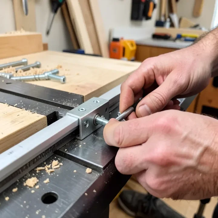Bolting an extension rail bracket onto a table saw fence rail system