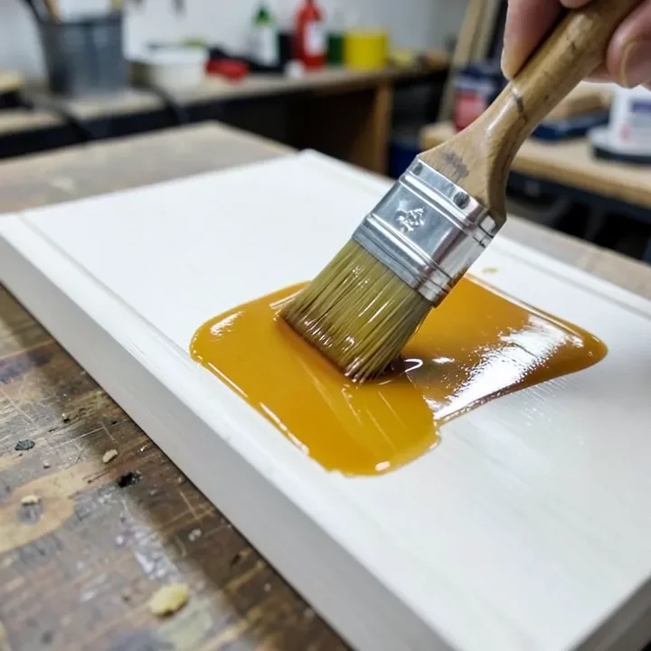 Brush applying a thin, even coat of shellac over a painted wood panel
