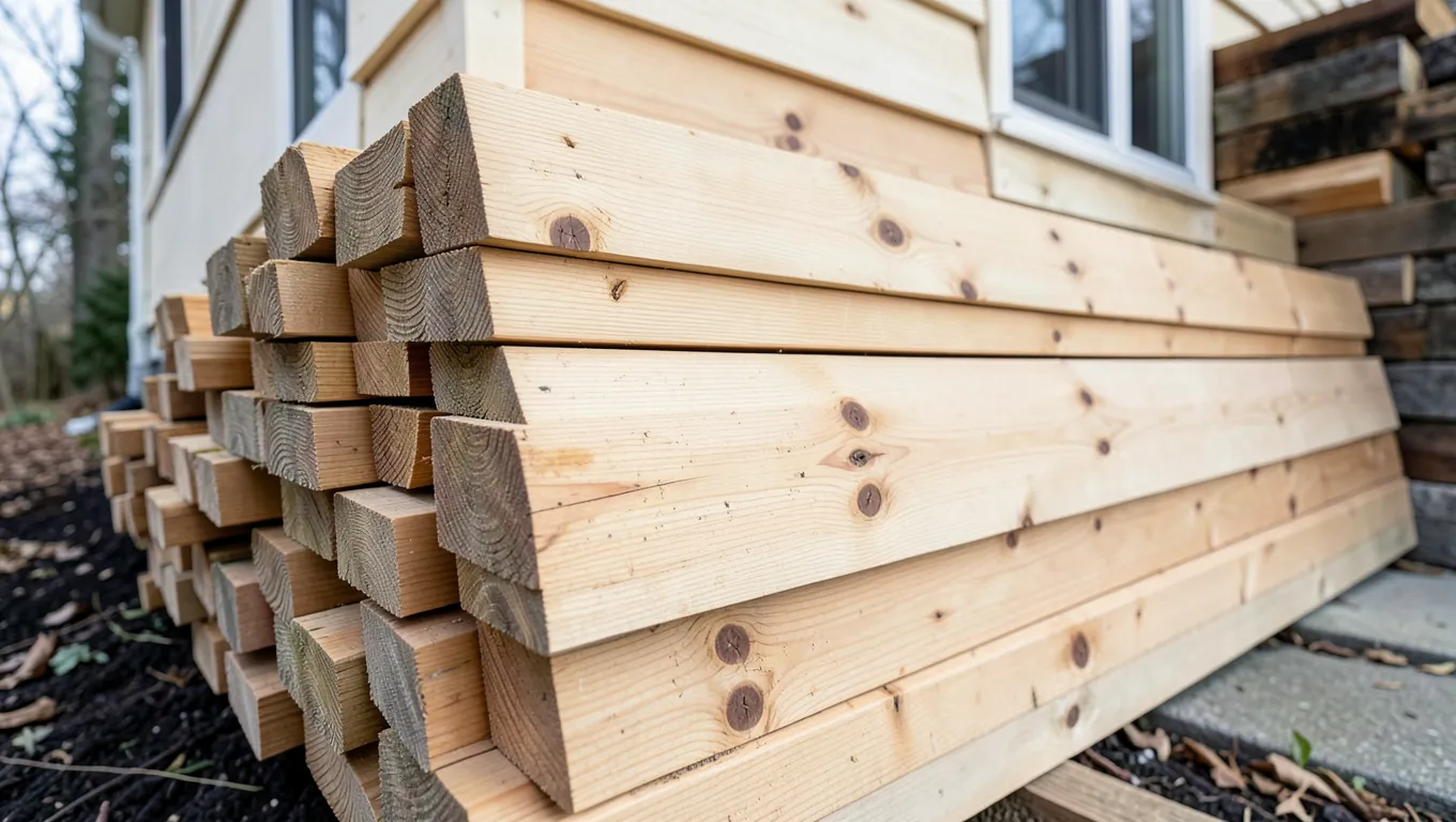 Stacked knotty-grade cedar cladding boards ready for installation