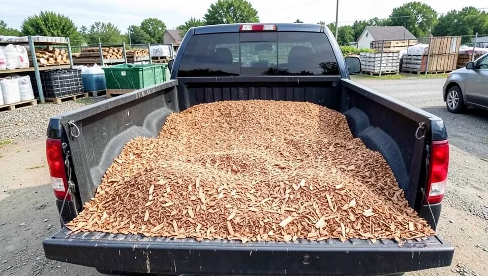 A truck bed filled with bulk cedar mulch