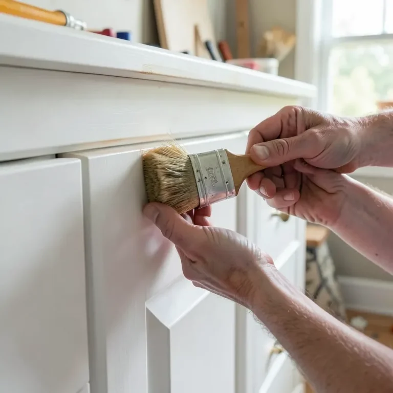 Carpenter brushing clear shellac finish over a white painted cabinet door