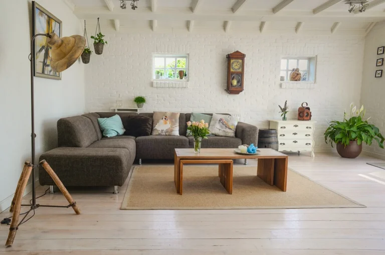 Wooden furniture in a living room with natural wood finishes