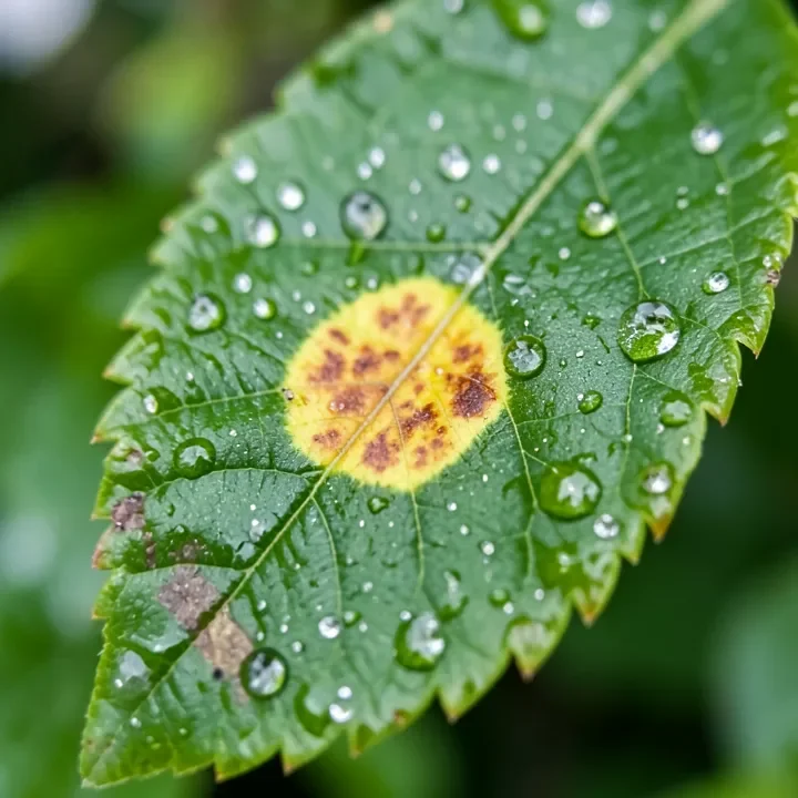 Macro close-up of an early cedar apple rust spot on an apple leaf
