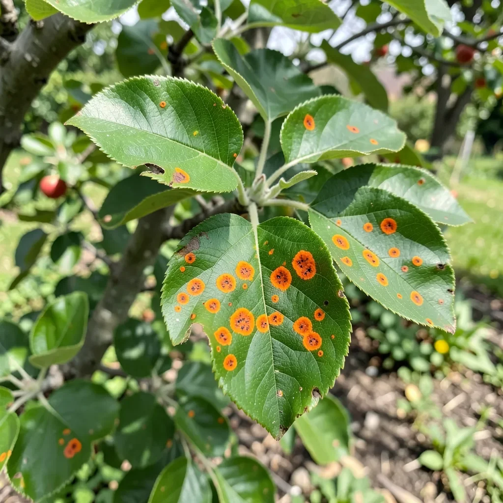 Apple tree leaves showing bright orange cedar apple rust infection spots