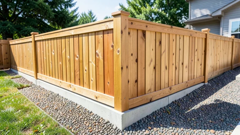 Cedar fence with posts set in concrete footings and a gravel bed instead of direct soil contact