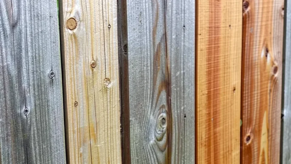 Cedar fence boards, some weathered gray and some freshly sealed