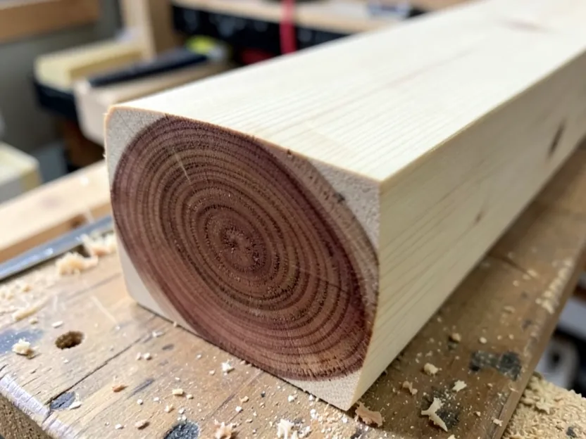 Cross section of a wood post showing the darker heartwood at the center versus the pale sapwood at the outer edge