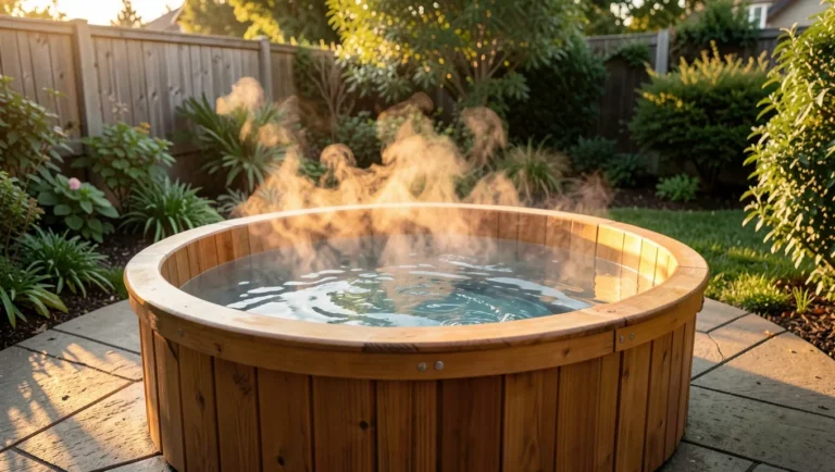 Round cedar hot tub with steam rising, set on a backyard patio