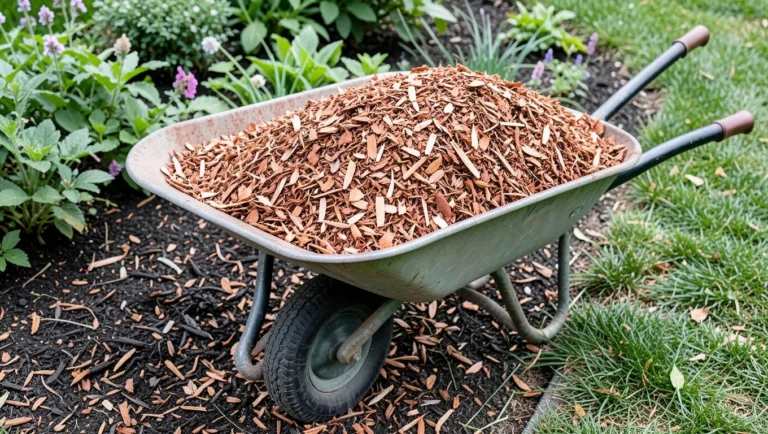 Cedar mulch ready to spread around a garden bed