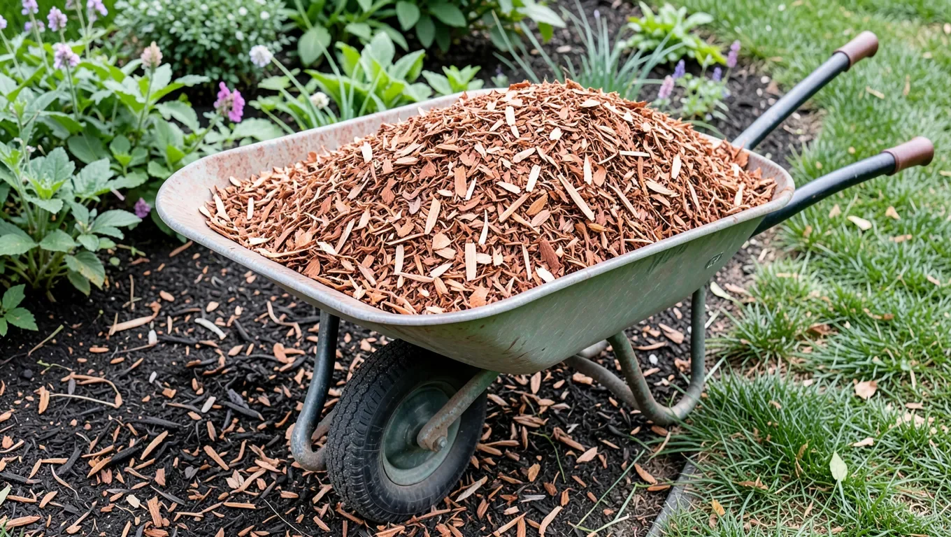 Cedar mulch ready to spread around a garden bed