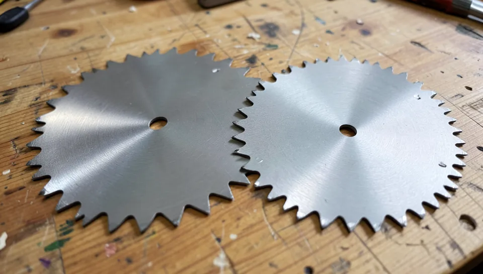 Two circular saw blades compared side by side, one with fewer larger teeth for ripping and one with many fine teeth for a smooth finish cut