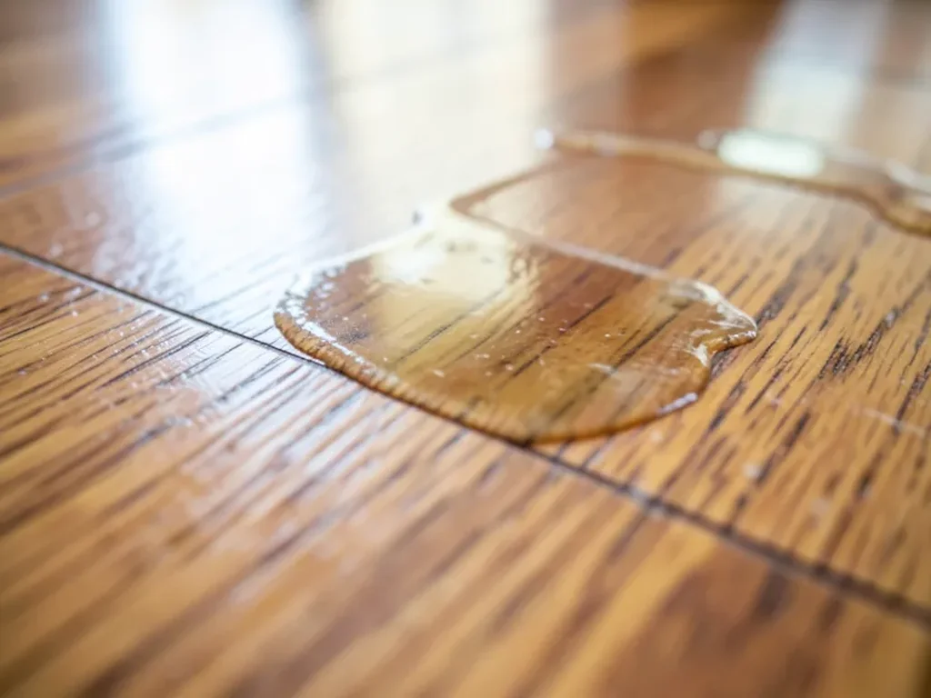 Close-up of a puddle of cleaning liquid left sitting on a hardwood floor with polyurethane finish