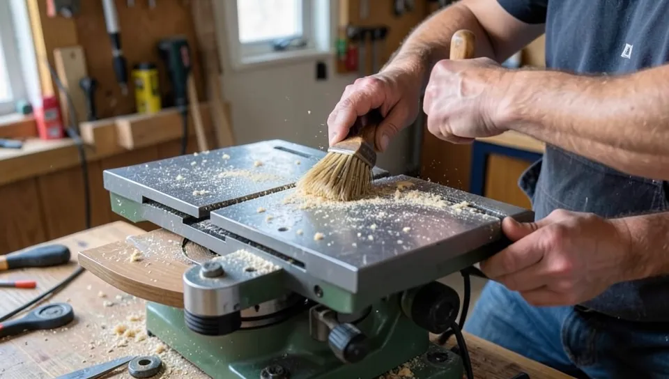 Woodworker cleaning sawdust off a miter saw table and bevel mechanism with a brush