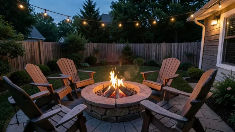 Round stone wood-burning fire pit with seating in a backyard at dusk