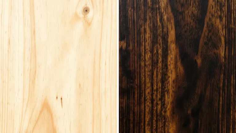 Raw pine wood next to the same wood darkened without stain