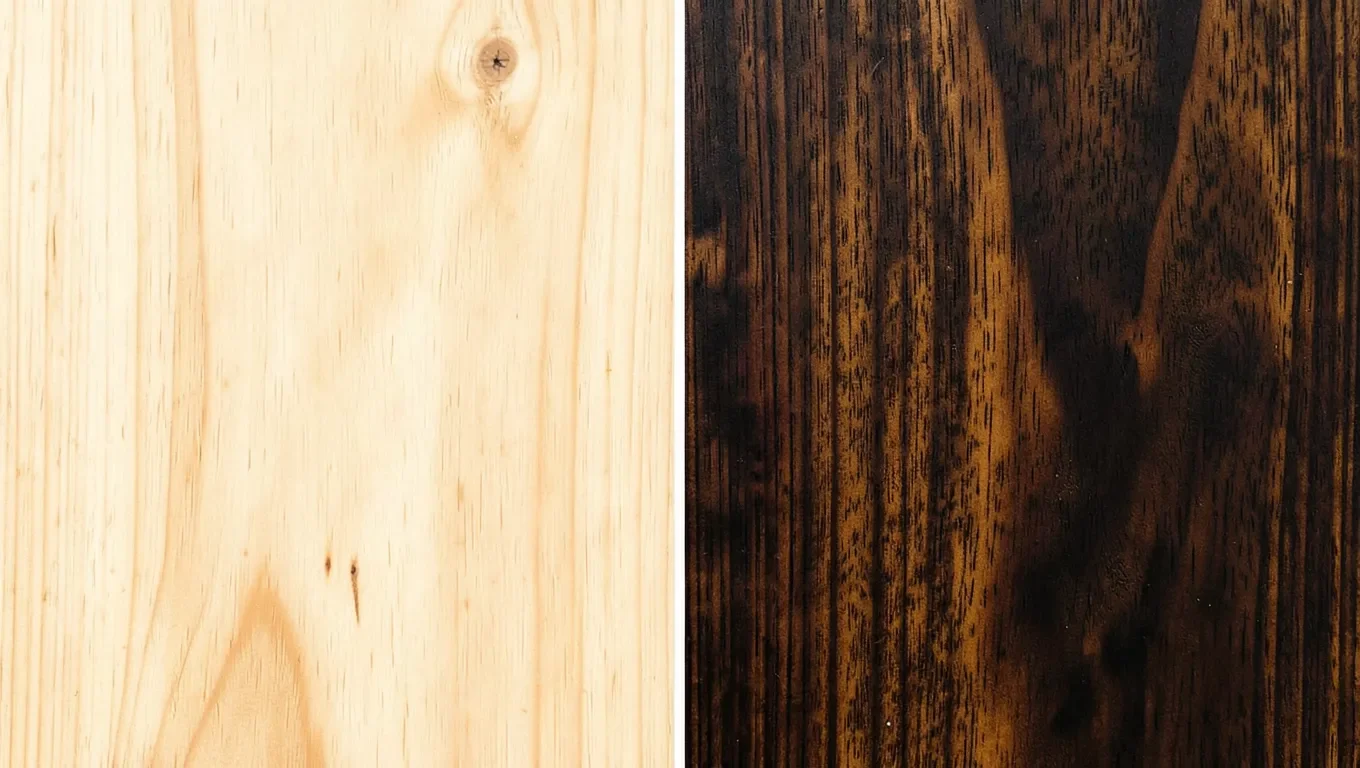 Raw pine wood next to the same wood darkened without stain
