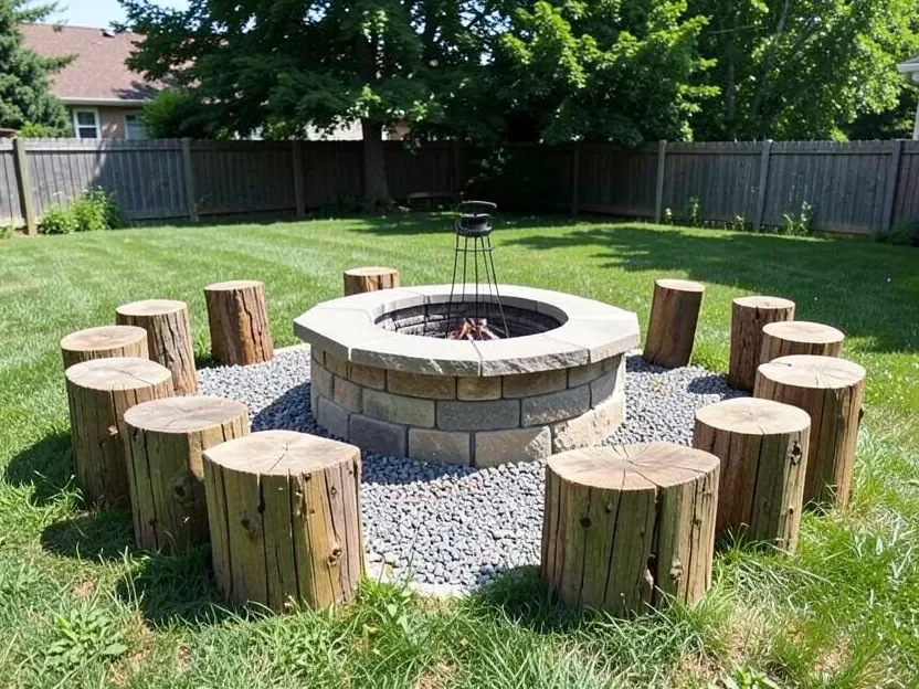 DIY cinder-block and stone wood-burning fire pit with log-round seating in a backyard