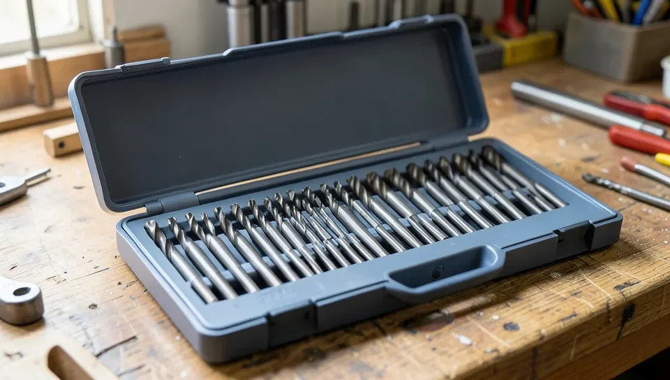 An open drill bit index case with assorted sizes