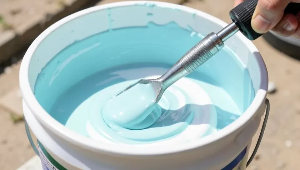 A drill mixer paddle blending paint into primer in a bucket