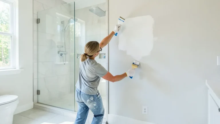 Person rolling white interior paint onto a bathroom wall next to a glass shower