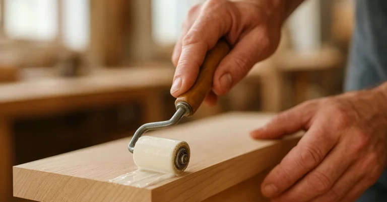 Woodworker using a roller applicator to spread wood glue evenly across a board edge