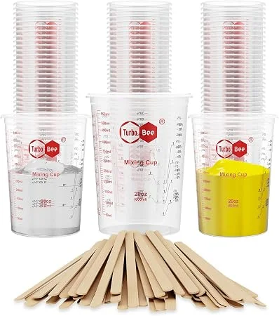 Graduated plastic mixing cups with calibrated ratios