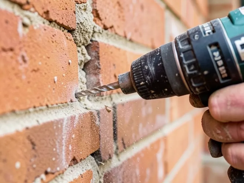 A hammer drill using percussive action to drill into a brick wall