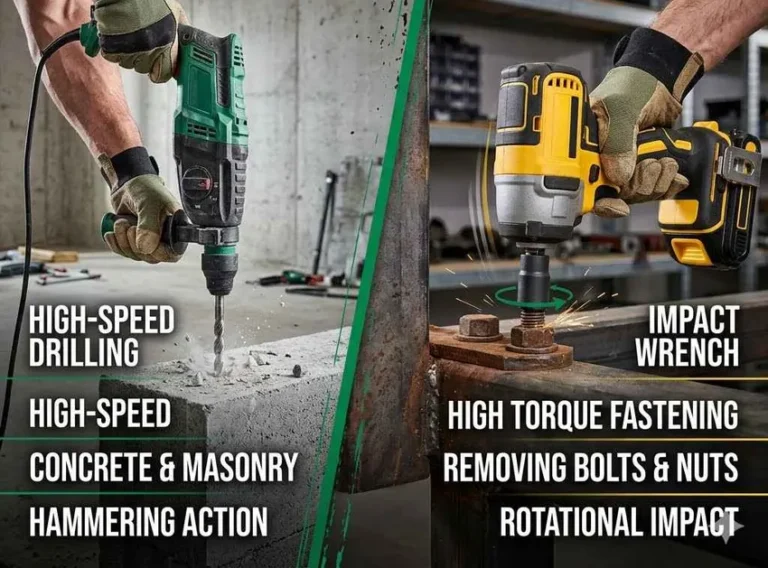 Hammer drill and impact wrench side by side comparing drilling into concrete versus fastening bolts