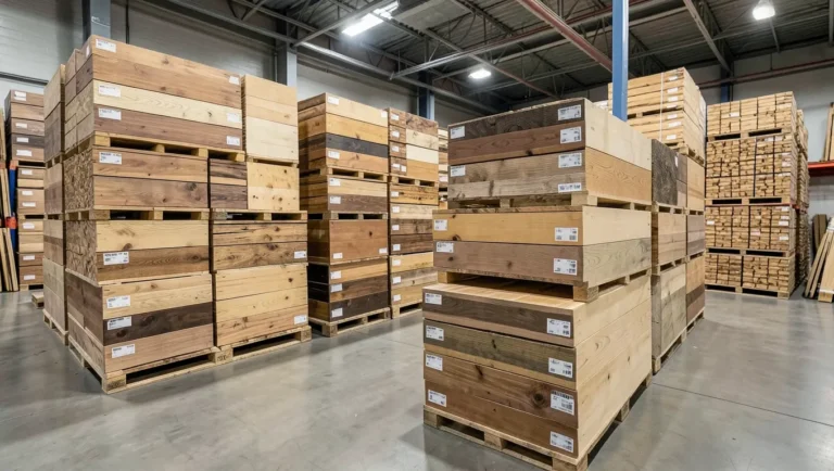 A hardwood flooring distributor warehouse with stacked product boxes