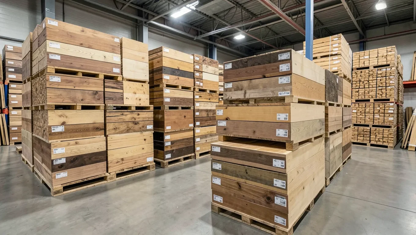 A hardwood flooring distributor warehouse with stacked product boxes