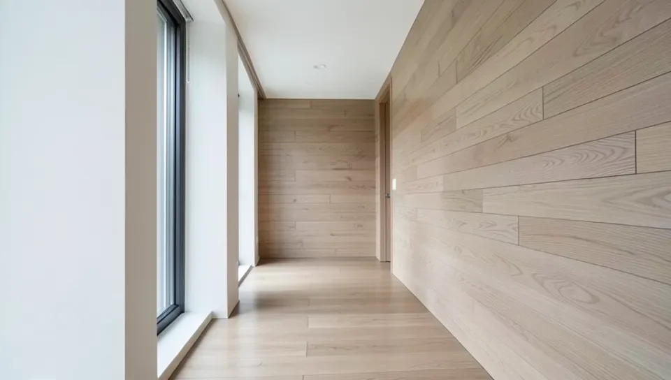 Modern hallway with horizontal engineered wood flooring planks installed on the wall