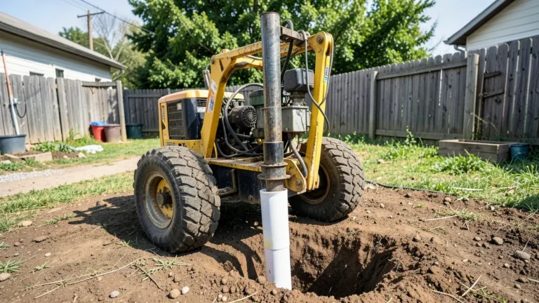 Portable well drilling rig lowering PVC well casing into the ground