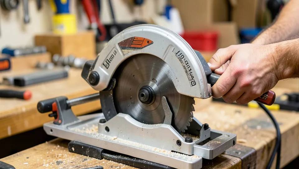 Close-up of a 12-inch miter saw blade being installed on the arbor with a wrench