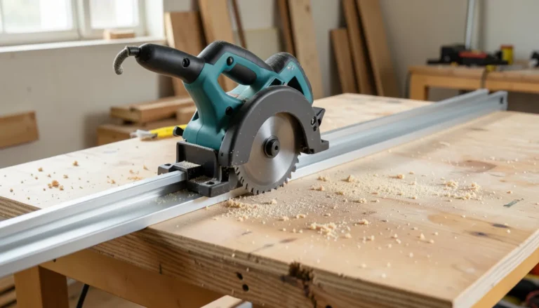 Makita track saw cutting plywood along an aluminum guide rail